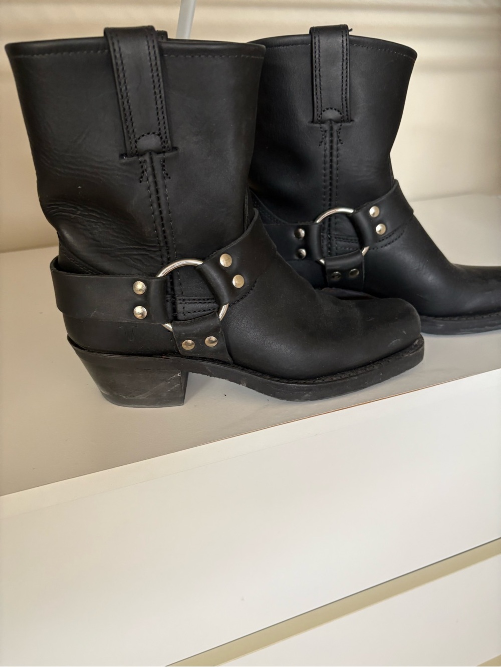 Frye Black Harness Moto Boots with Silver Hardware